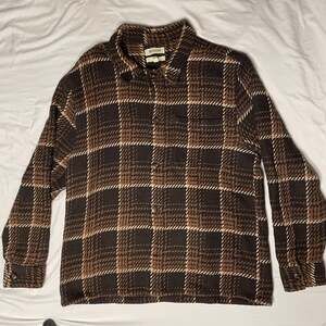 Madewell Boxy Fit Plaid Wool Shirt Jacket Brown Large Button Front